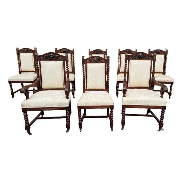 19th Century Antique English Jacobean Style Carved Walnut Lion Heads Twisted Leg Dining Chairs - Set of 8 For Sale