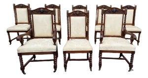19th Century Antique English Jacobean Style Carved Walnut Lion Heads Twisted Leg Dining Chairs - Set of 8