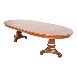 Karges Regency Burled Walnut Double Pedestal Extension Dining Table, Newly Refinished For Sale