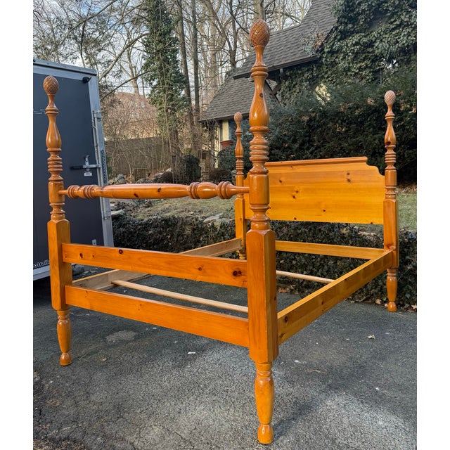 English Vintage Bassett Carved Pineapple Four Poster Pine Bed - Queen Size For Sale - Image 3 of 12