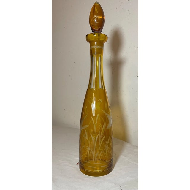 Boho Chic Antique Yellow Cut to Clear Czech Bohemian Crystal Glass Liquor Decanter Bottle For Sale - Image 3 of 13