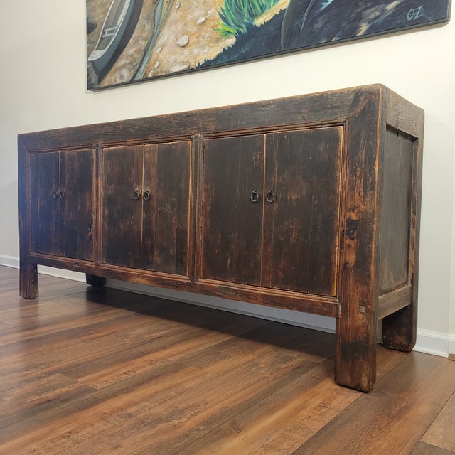 Black Antique Chinese 4 Door Sideboard Blackened Elm Credenza For Sale - Image 8 of 8