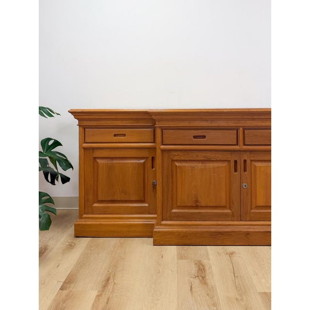 Mid-Century Modern Antique Style Oak Office Credenza With Locking Doors and Finished Back For Sale - Image 3 of 17
