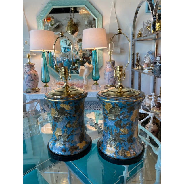 Vintage Large Floral Porcelain Chinoiserie Blue Drum Table Lamps New Wiring -A Pair For Sale - Image 13 of 13