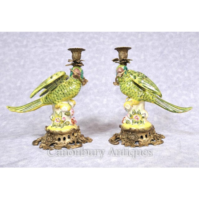 French Porcelain Parrot Candleholders, Set of 2 For Sale - Image 9 of 14
