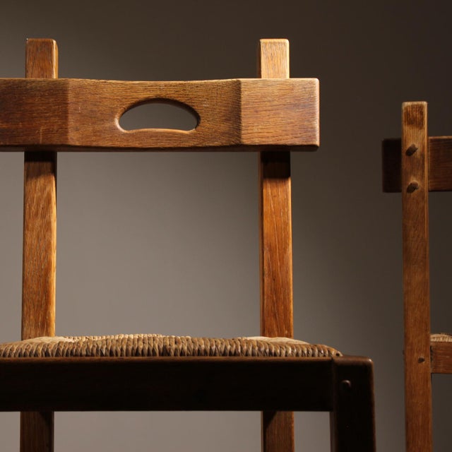 Brutalist Brutalist Oak & Rush Chairs, Europe, 1960s For Sale - Image 3 of 17