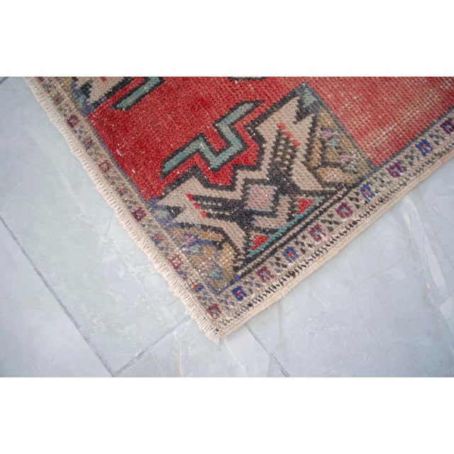 Textile Distressed Rug Low Pile Hand Knotted Yastik Rug Faded Mat- 20'' X 36'' For Sale - Image 7 of 13