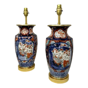Antique Pair Japanese Chinese Imari Porcelain Ormolu Table Lamps Blue Red Gilt