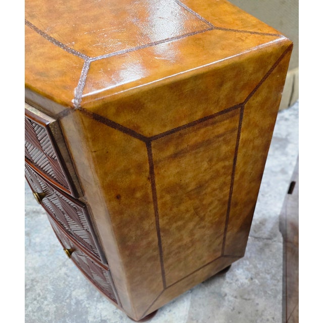 Late 20th Century Pair of Lineage Home Woven Rattan Front and Leather-Clad Bow Front Chest of Drawers For Sale - Image 18 of 18