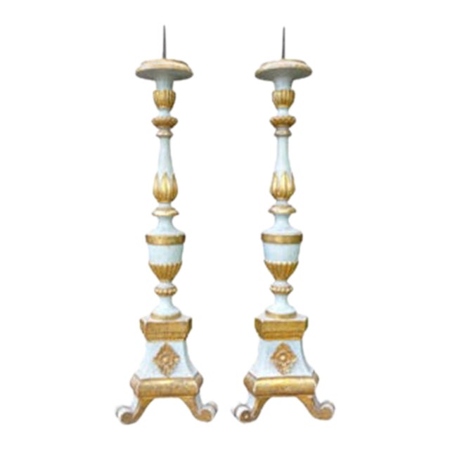 Pair of 19th Century Italian Painted and Gilt Altar Sticks or Prickets For Sale