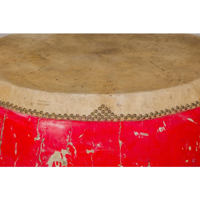 Red Lacquered Qing Dynasty Opera Drum End Table with Hide Top and Brass Studs For Sale In New York - Image 6 of 11
