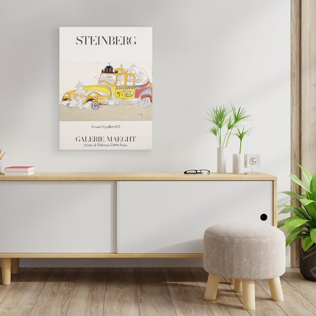 Reproduction Galerie Maeght art exhibition lithograph poster featuring Saul Steinberg from 1977. Enhanced with foil (gold,...