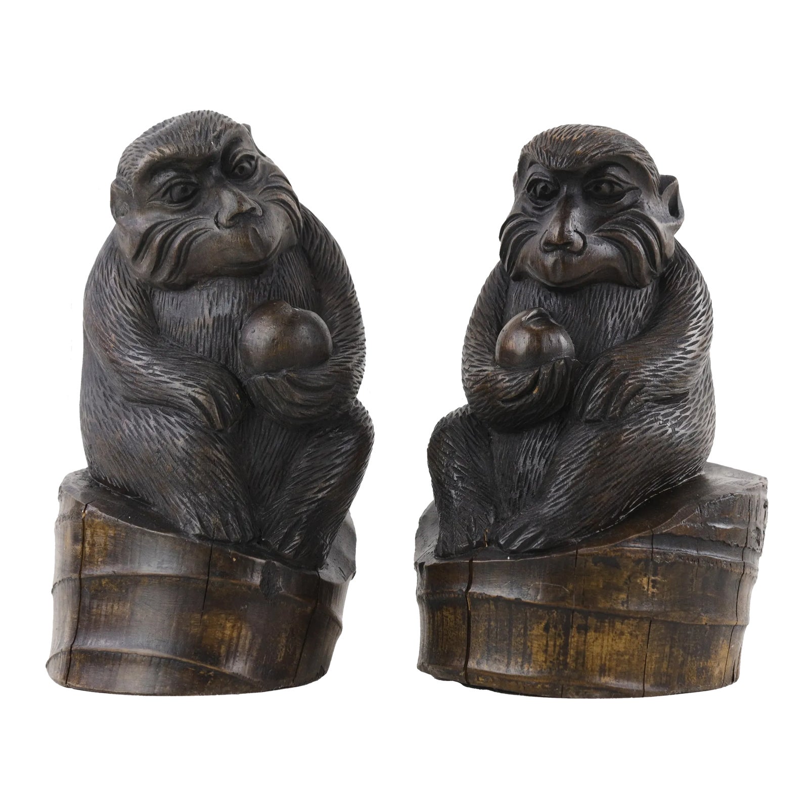 Pair of Hand-Carved Bamboo Root Monkey Sculptures | Chairish