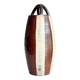 Mid 20th Century Studio Pottery Loop Handle Vessel, Hand-Thrown Ceramic Vase, Earth Tone Glaze, Organic Modern Sculptural Form For Sale