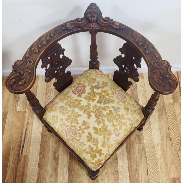 Pair Antique Italian Renaissance Angel & Griffon Carved Walnut Corner Chairs For Sale - Image 10 of 16