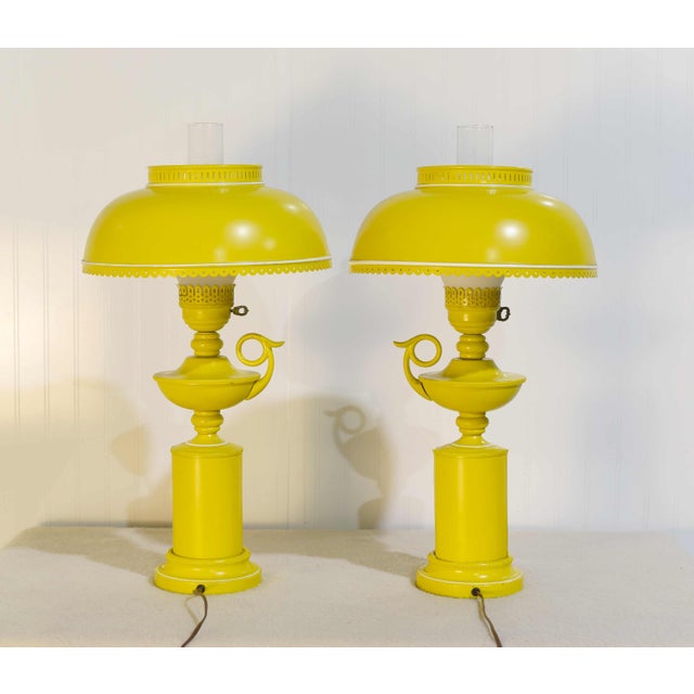 Mid-Century Modern Mid Century Metal Lanterns Painted Yellow Table Lamps - A Pair For Sale - Image 3 of 9