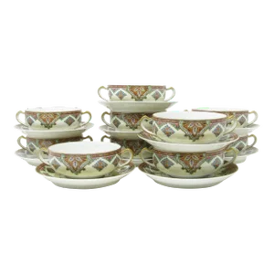 Antique Haviland Limoges France Cashmere Porcelain Soup Cups and Saucers With Gold Trim - 20 Pieces