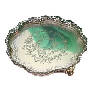 Silver Plated Salver with Scalloped and Guilloche Grid For Sale