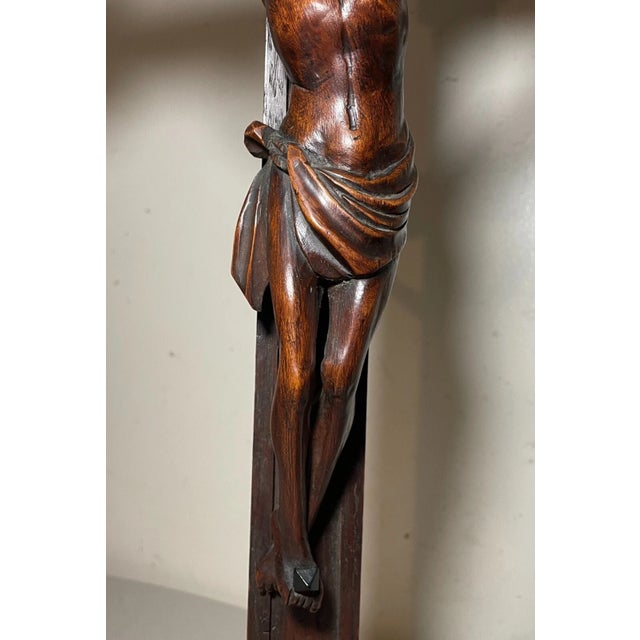 Brown Antique 1700's Hand Carved Wood Religious Jesus Christ Crucifix Cross Sculpture For Sale - Image 8 of 15