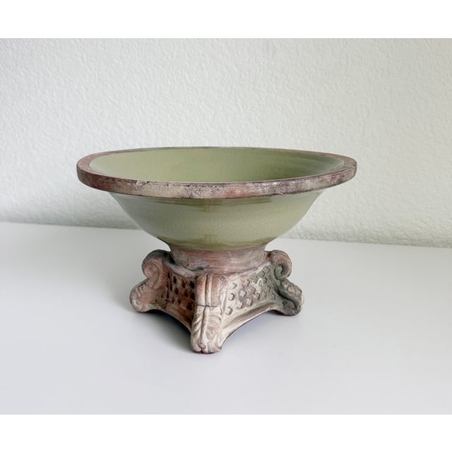 Ceramic Vintage Italianate Terracotta & Celadon Glazed Pedestal Bowl For Sale - Image 7 of 10