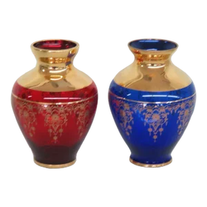 Ferro and Lazzarini Cobalt Blue Ruby Red Glass 22k Gold Leaf Vases a Pair