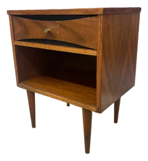 1970s Mid-Century Modern Possibly Walnut Nightstand With Curved Drawer Front, Open Shelf, and Tapered Legs