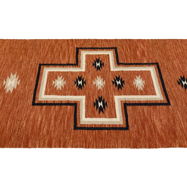 Modern Navajo Style Hand-Knotted Wool Rug – Terracotta Geometrical Cross Design For Sale In New York - Image 6 of 9