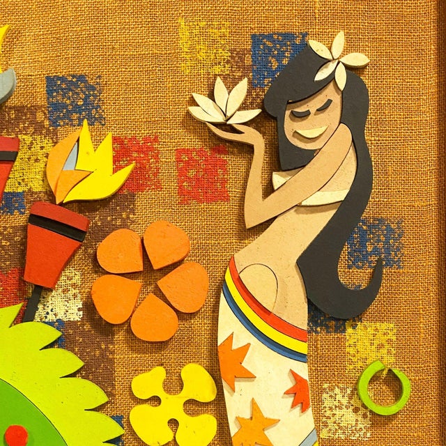 Wood Rare 1960s MCM Tropical Hula Girl Hand Cut Wood 3d Wall Sculptural Framed Art For Sale - Image 7 of 14