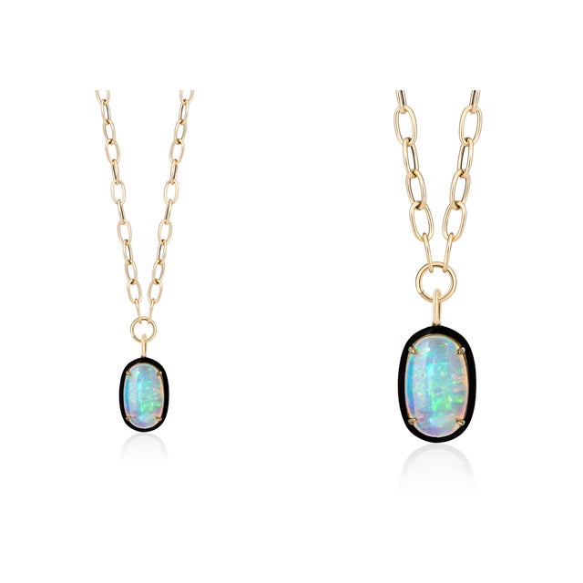 G-One' Big Cushion Opal Cab Pendant With Black Enamel In 18K Yellow Gold. Approximate Stone Details: Size- 29x15 mm &...