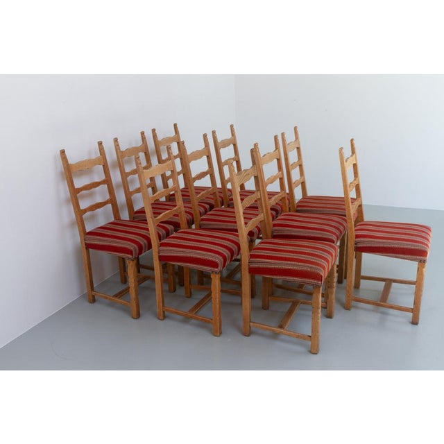 Tan Vintage Danish Brutalist Ladder Back Oak Dining Chairs attributed to Henning Kjærnulf, 1960s, Set of 10 For Sale - Image 8 of 18