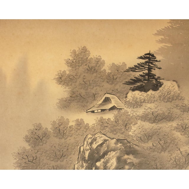 C. 1920 Taisho Era Japanese Silk Scroll Ink Landscape Painting For Sale - Image 11 of 18