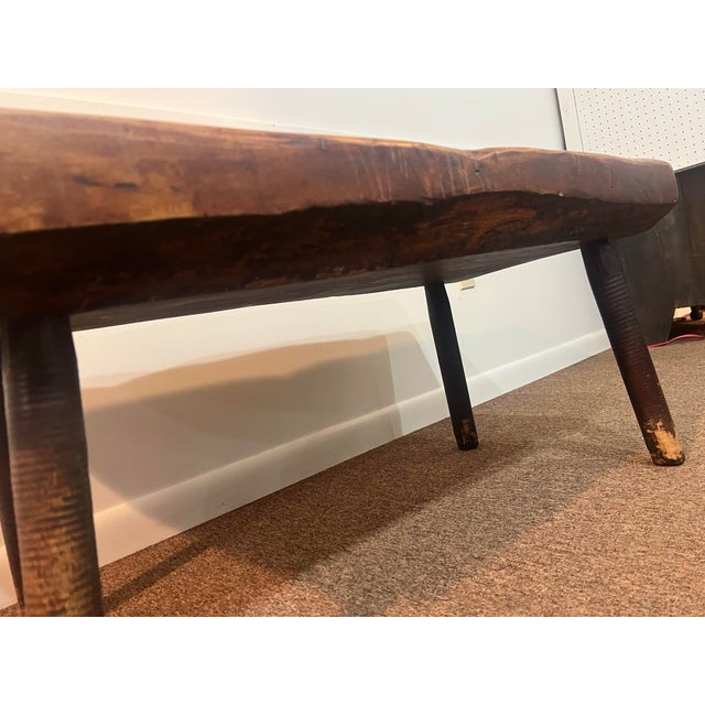 Antique Early American Rustic Bench With Splayed Turned Splayed Legs and Thick Cut Seat For Sale - Image 11 of 12