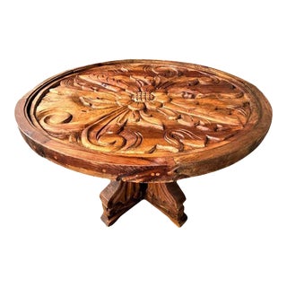 Heavily Carved Vintage Mexican Round Pedestal Dining Table With Glass Top - Mid 20th Century For Sale