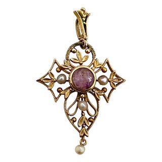 Antique Krementz 14k Gold Amethyst and Seed Pearl Lavalier Pendant For Sale