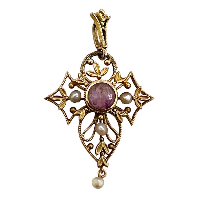 Antique Krementz 14k Gold Amethyst and Seed Pearl Lavalier Pendant For Sale