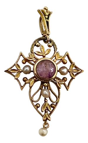 Antique Krementz 14k Gold Amethyst and Seed Pearl Lavalier Pendant