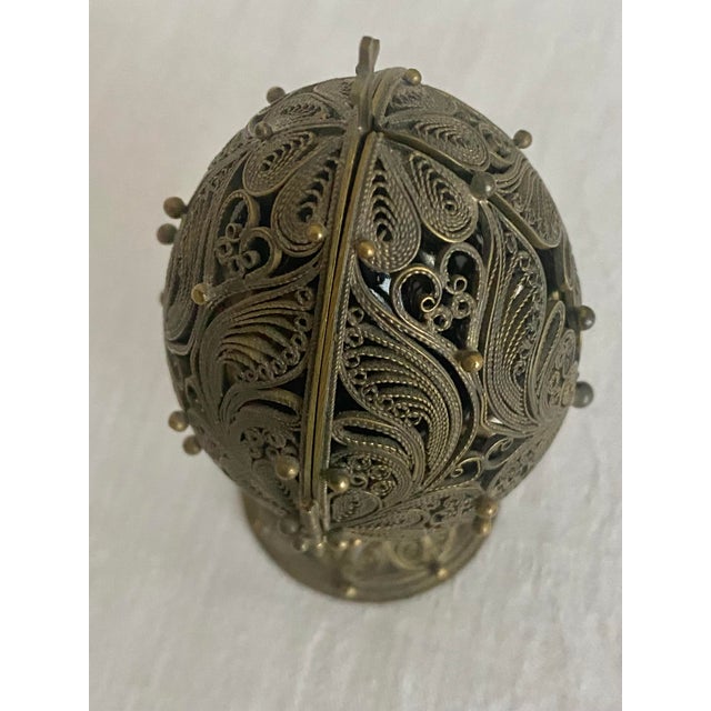 Vintage Fedoskino Russian Triptych Brass Filigree With Lacquer Egg Shape With Father Frost and the Snow Maiden Signed M. Izotova. For Sale - Image 9 of 15