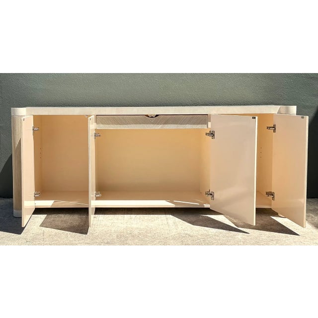 Vintage Washed Pencil Reed Credenza With Travertine Top For Sale - Image 4 of 12