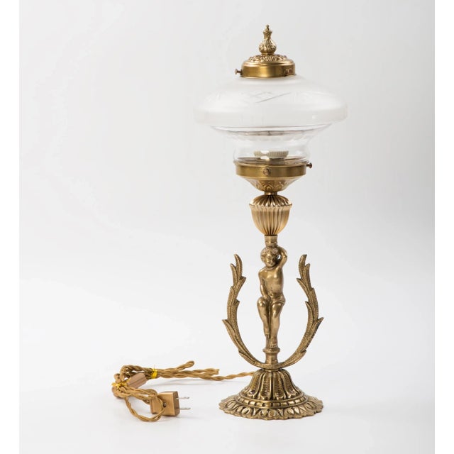 1950s Brass Figural Cherub Table Lamp With Frosted Glass Shade For Sale - Image 9 of 9