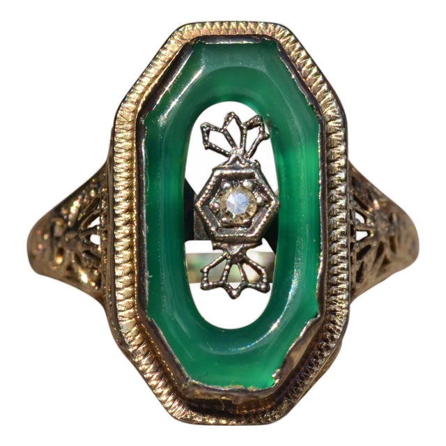 The Estelle Avenue: Antique Filigree Cocktail Ring set with Chalcedony and Diamond, Size 5.75 For Sale