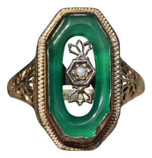 The Estelle Avenue: Antique Filigree Cocktail Ring set with Chalcedony and Diamond, Size 5.75