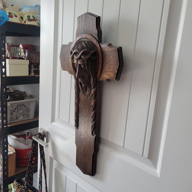 This Antique Art Deco Hand Carved Oak Crucifix from Belgium features the face of Jesus on a 25" tall wall cross. Made of...