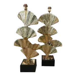 Set of 2 Contemporary Gold Brass Frame Leaves of Ginko Biloba Table Lamps