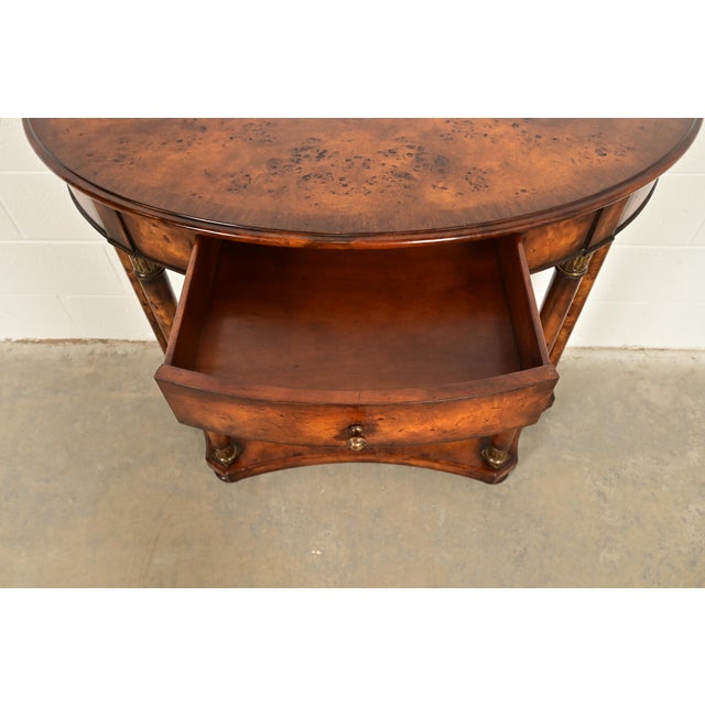 Wood Maitland Smith Style French Empire Burl Wood and Gold Gilt Demilune Console Table For Sale - Image 7 of 16