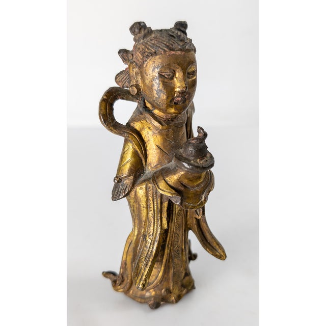 Asian 17th Century Ming or Qing Dynasty Chinese Gilt Bronze Daoist Attendant Figure For Sale - Image 3 of 14