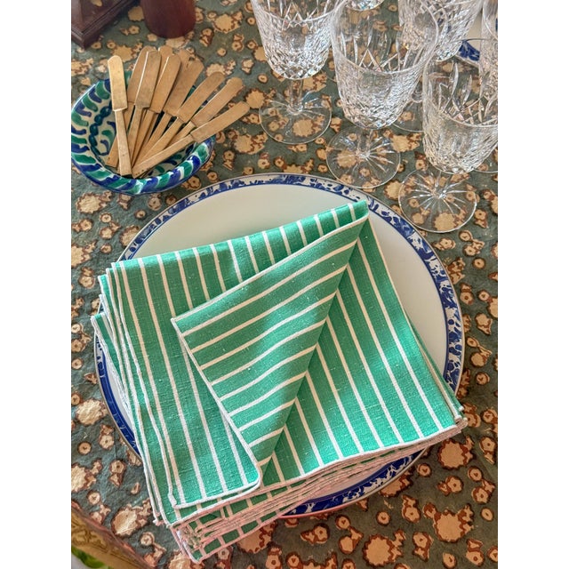 It's no secret, we love cloth napkins so much. These charming vintage linen napkins are Emerald Green and white striped...