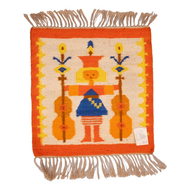Polish Hand-Knotted Square Wall Tapestry with Musician Motif, 1960s For Sale