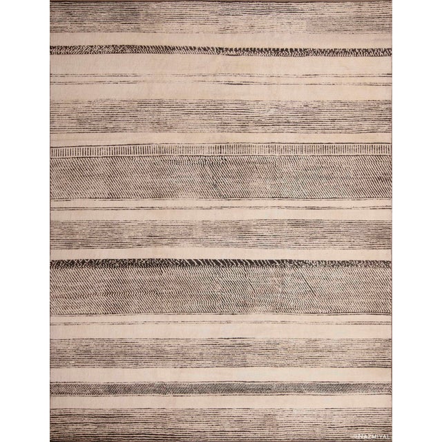 Cream And Black Handmade Wool Pile Abstract Contemporary Modern Area Rug For Sale