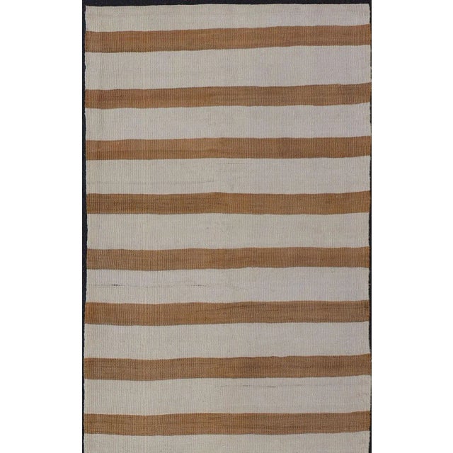 Mid 20th Century Vintage Turkish Kilim Rug With Horizontal Stripes in Light Brown and Cream For Sale - Image 4 of 11