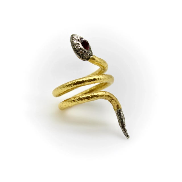 1990s Vintage 22k Gold Diamond Ruby and Silver Snake Ring, Size 8 For Sale - Image 5 of 10